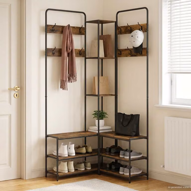 vidaXL Appendiabiti con panca per scarpe stile industriale in legno e metallo, Colore: Marrone, L: 130,0 cm, P: 30,0 cm, H: 199,5 cm