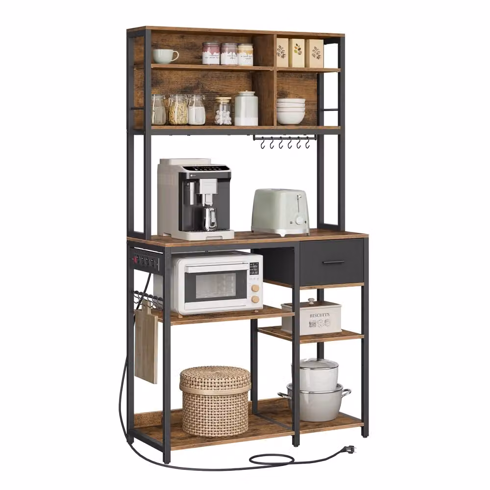 Scaffale Cucina con Multipresa, Marrone Vintage + Nero Inchiostro / 100l cm