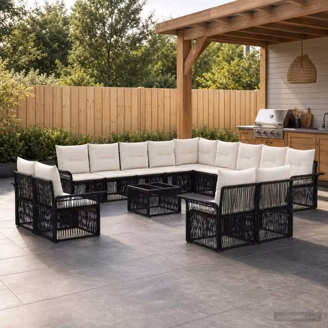Set Divano da Giardino Moderno vidaXL a Forma a U con Tavolino da Caffè, 14 Pezzi, Nero e Bianco Crema – 1