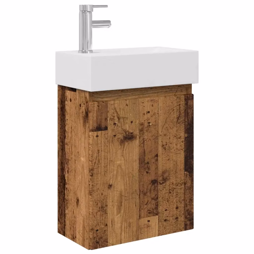 Mobile bagno sospeso vidaXL in legno e ceramica con ante a battente, colore bianco e marrone, L: 45,5 cm, P: 22,5 cm, H: 84 cm – 2