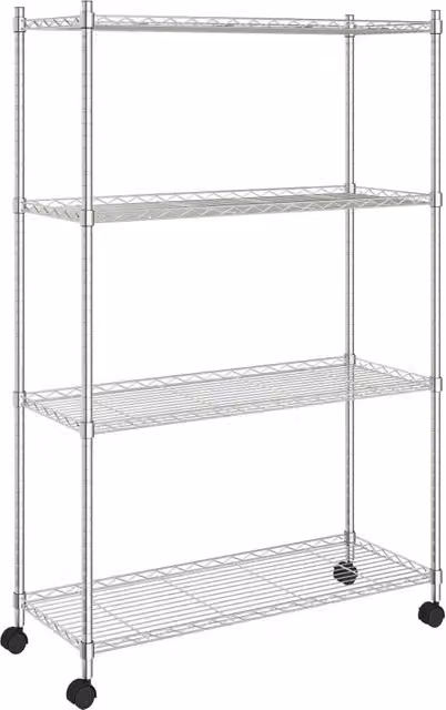 Scaffale portaoggetti a 4 ripiani regolabili con ruote in acciaio color argento L: 90 cm, P: 35 cm, H: 142 cm