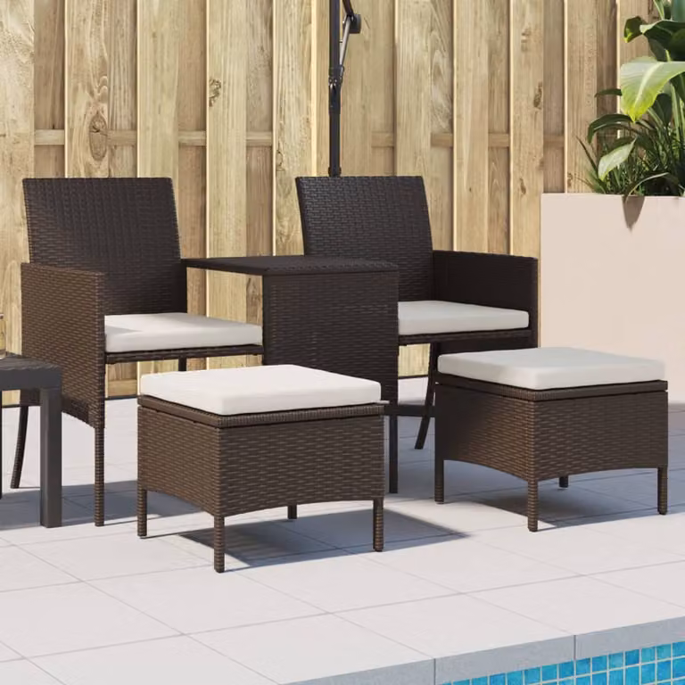 Set da giardino vidaXL composto da divano a 2 posti, tavolino da caffè e pouf con cuscini imbottiti in marrone e bianco
