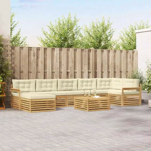 Set di divani da esterno vidaXL a forma di L composto da 8 pezzi in legno di acacia con cuscini inclusi, colore bianco e beige