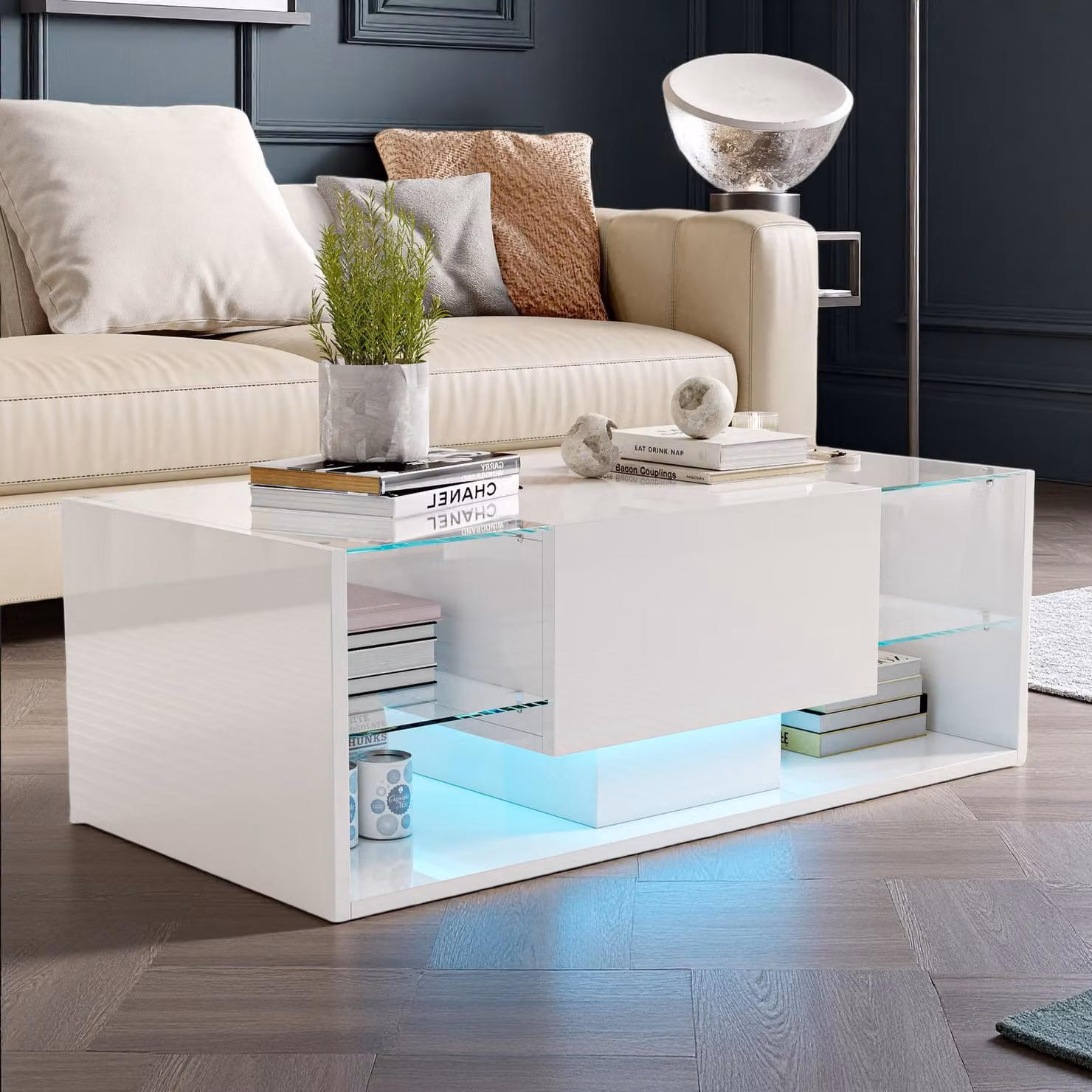 Tavolino Fortuna Lai, tavolo da soggiorno LED con vano portaoggetti, tavolo lucido con ripiano in vetro, tavolo da divano moderno con cassetto portaoggetti, 100L x 50L x 35H cm, bianco