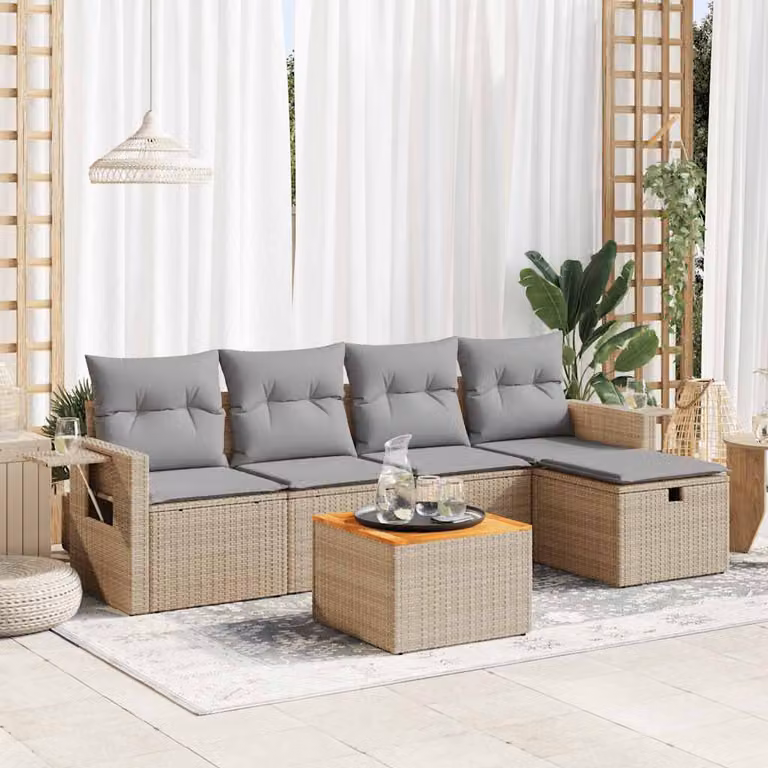 Set Divano da Giardino vidaXL 6 pz a L in Polyrattan con Cuscini Beige e Tavolino da Esterno