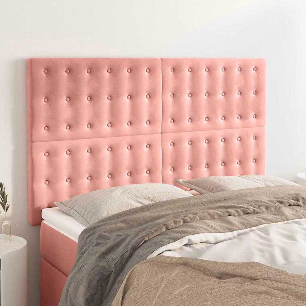 Testiera per letto vidaXL in velluto rosa con struttura imbottita, L: 144 cm, P: 5 cm, H: 118/128 cm