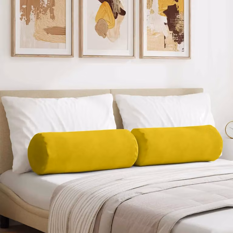 Set di 2 cuscini a rullo rotondi vidaXL in tessuto di velluto a coste giallo, Ø 25 x 70 cm