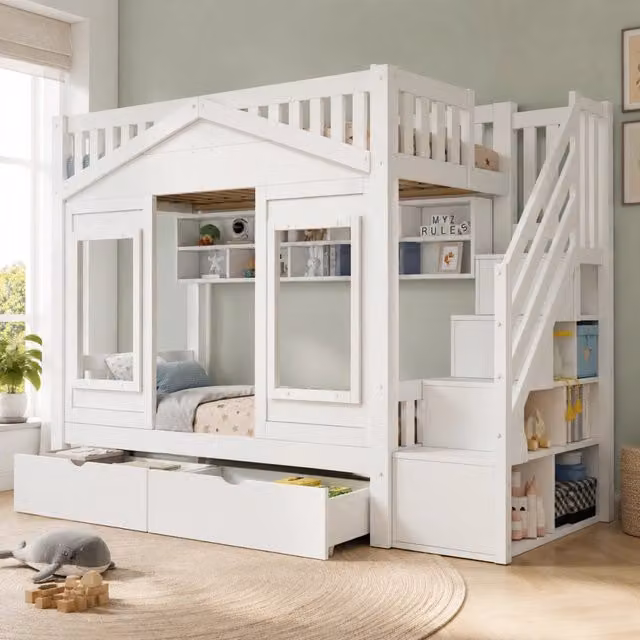 Letto a soppalco per bambini 90 × 200 cm con scala contenitore, cassetto e ripiani, senza materasso, bianco