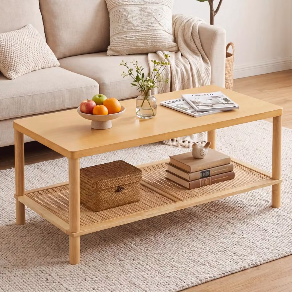 Tavolino da caffè quadrato a 2 livelli in legno di gomma e rattan color beige e marrone per soggiorno o ufficio in stile minimalista DESIGN IN – 2