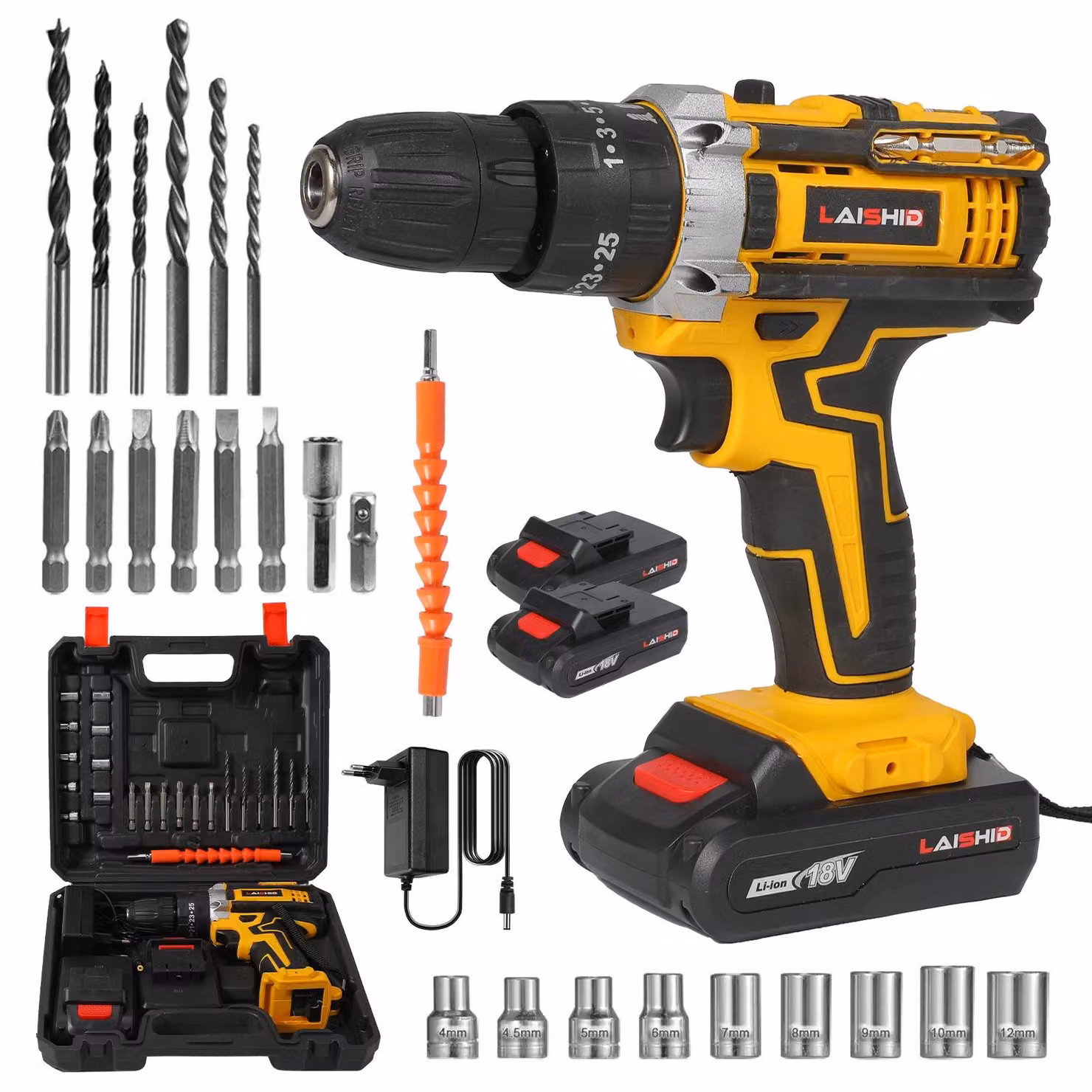 Trapano avvitatore a batteria, coppia di 45 Nm, mandrino autoserrante, 2 batterie + 1 caricabatterie