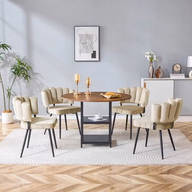 Set tavolo e sedie da pranzo rotondo con 4 sedie e 2 ripiani in MDF metallo e tessuto noce nero e marrone chiaro
