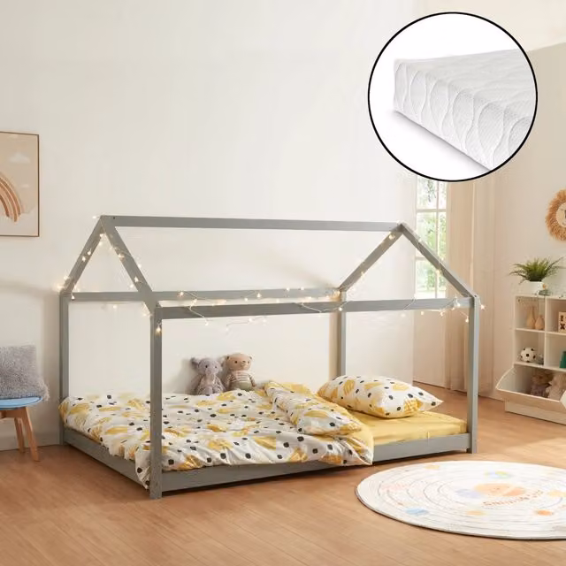 Letto per cameretta a forma di casetta Cerro en.casa in legno di pino con materasso in schiuma, Grigio, L 120 x P 200 cm, H 206 cm