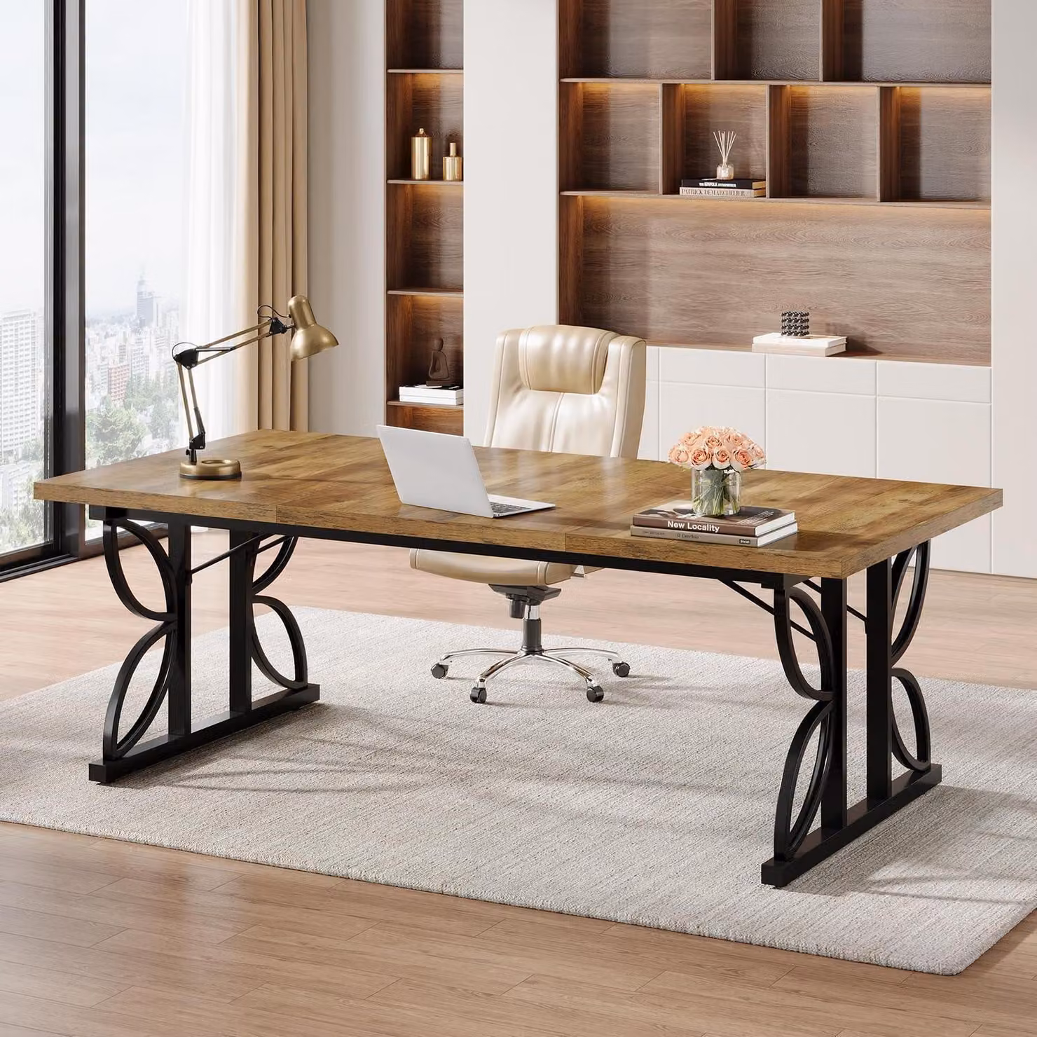 Scrivania per ufficio con computer, dimensioni 180 x 80 x 75 cm, struttura in metallo, scrivania da ufficio industriale, colore marrone e nero