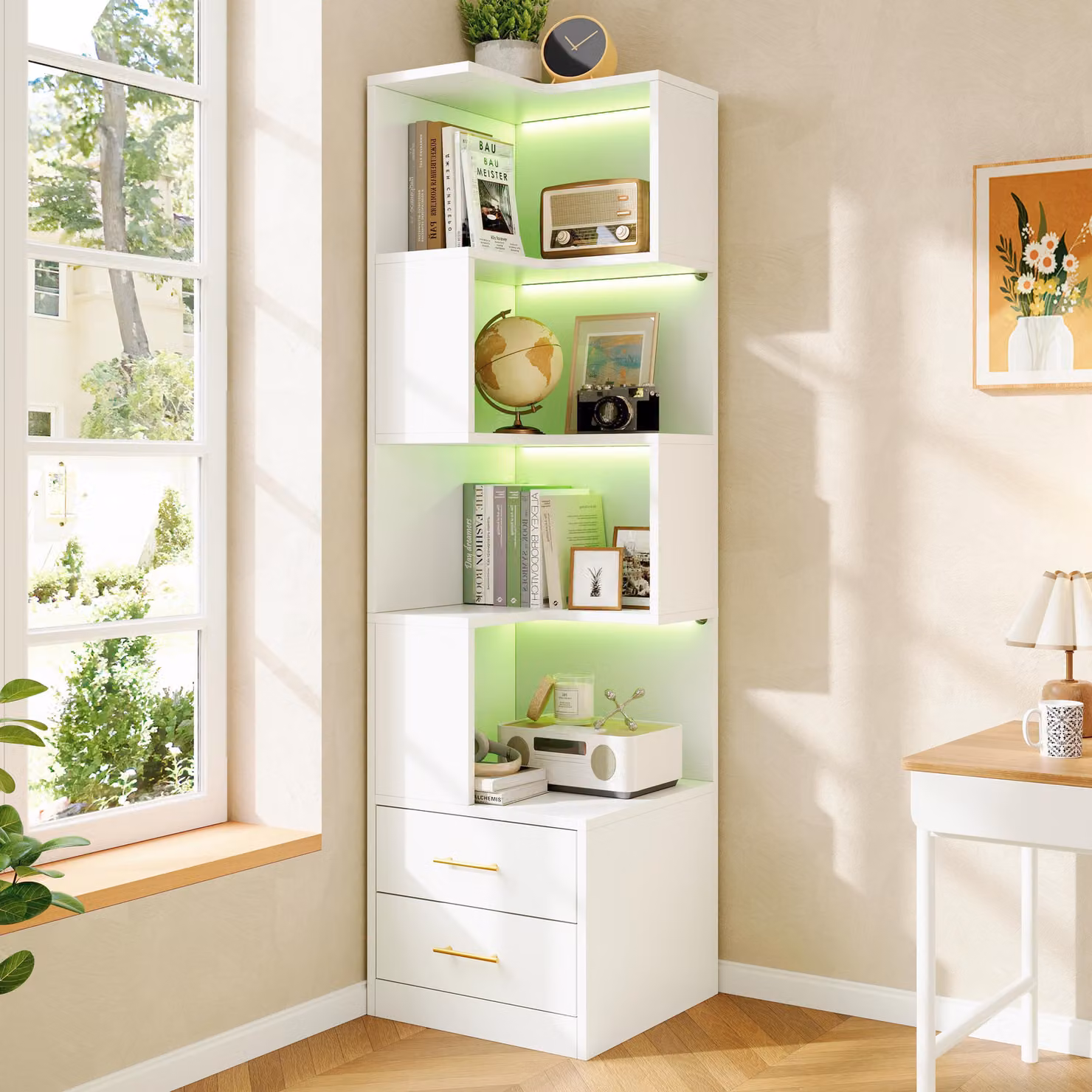 Libreria angolare bianca con illuminazione a LED, dimensioni 165x45x45 cm, 4 ripiani e 2 cassetti, ideale per soggiorno, camera da letto e studio