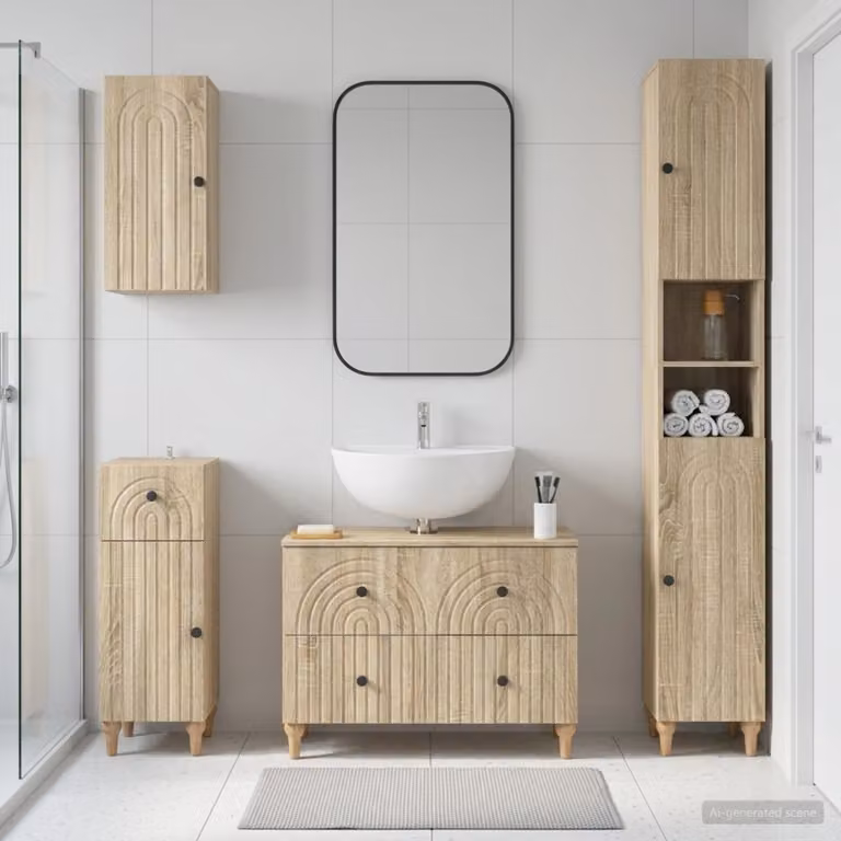 Set di mobili da bagno moderno vidaXL ALKMAAR in 4 pezzi, colore marrone rovere sonoma, con mobile sottolavabo e pensile a parete