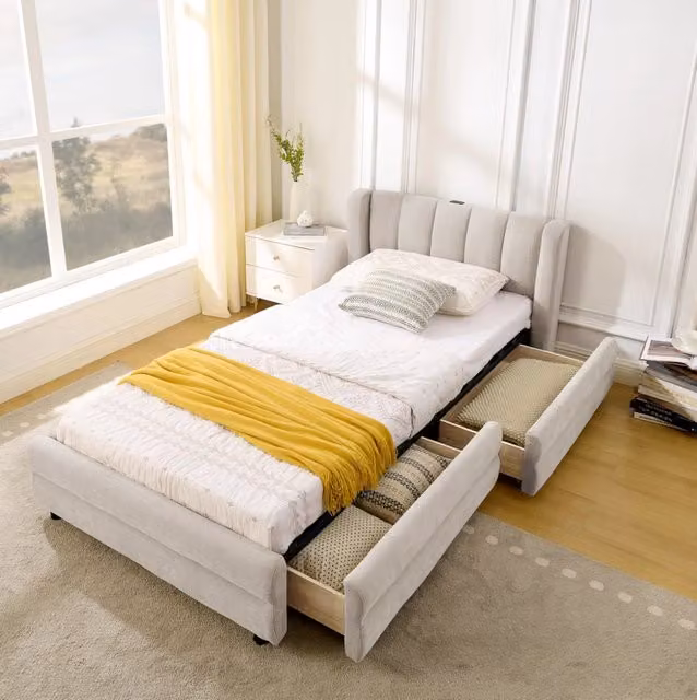 Letto singolo 90x200 cm con 2 cassetti; porte USB e Type-C; in tessuto Chenille beige