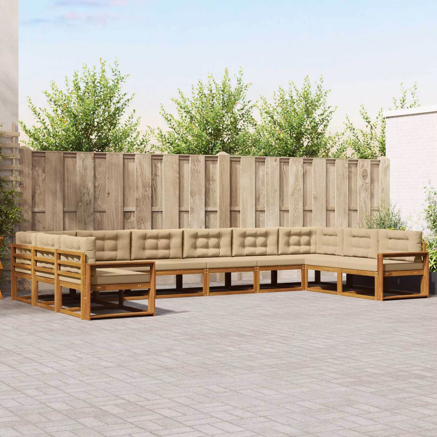 Set di divani da esterno vidaXL a forma di U in legno di acacia con cuscini, colore beige e sabbia