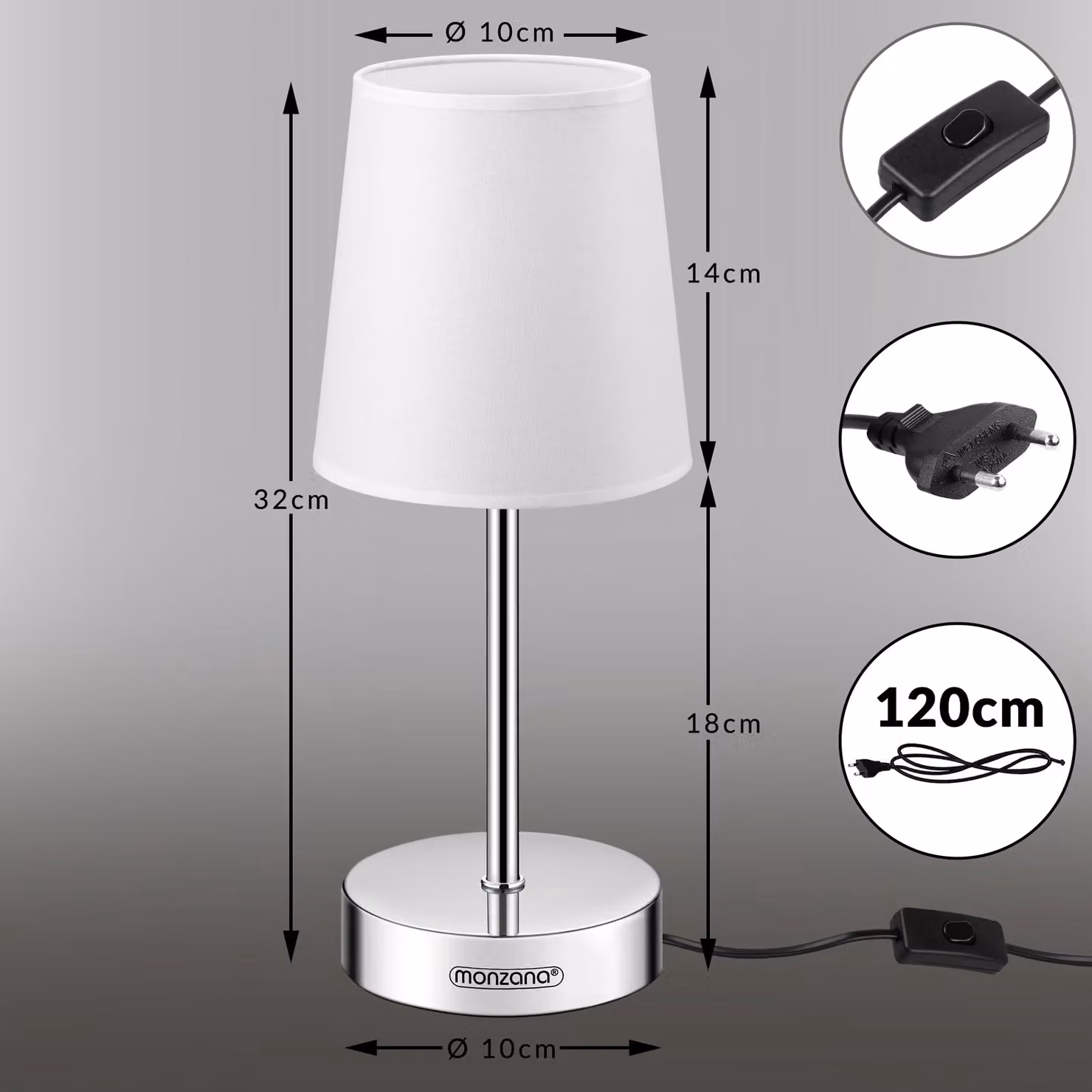 Set di 2 lampade da tavolo Monzana bianche in metallo e tessuto, L/P/H: 32 x 13 x 13 cm – 3