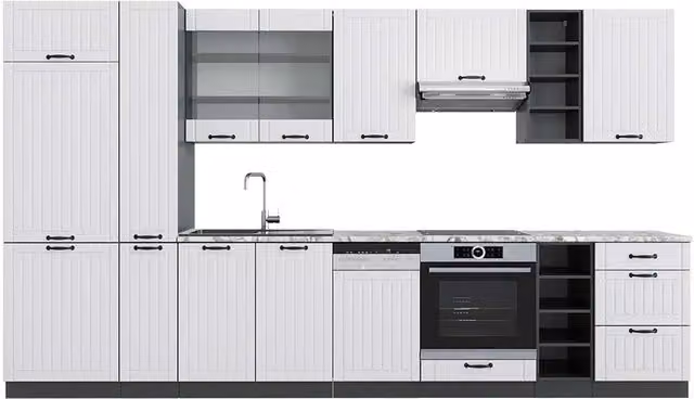 Cucina componibile Fame-Line Vicco in stile country house, Bianco rustico e Antracite, L: 355 cm – 1