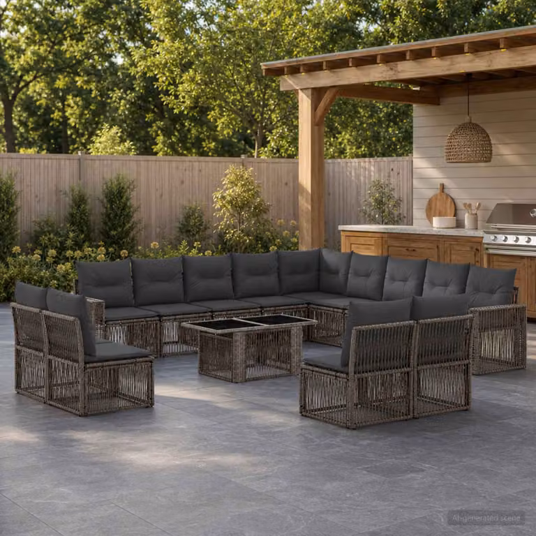 Set Divano da Giardino vidaXL 14 pz in Polyrattan Grigio con Cuscini e Tavolino da Caffè