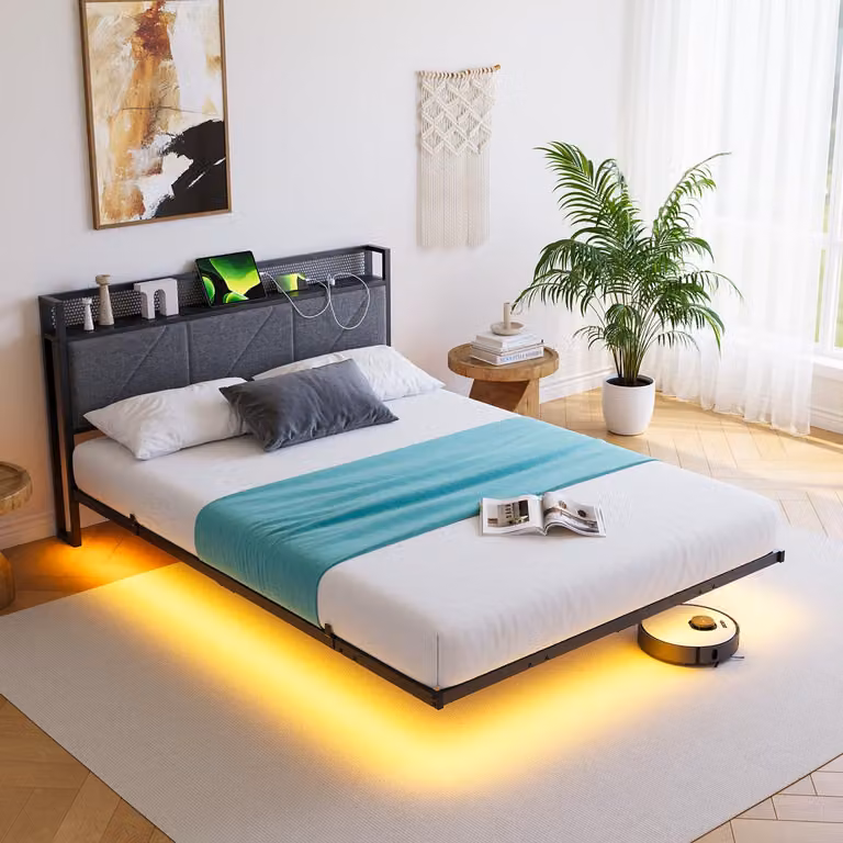 Letto sospeso 120x200 cm con LED, porta USB, spazio contenitore, color grigio scuro