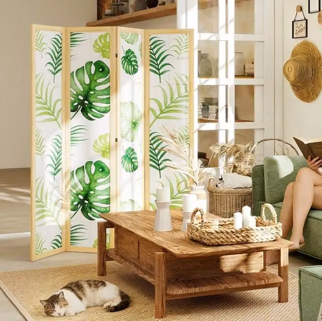 Paravento ULEVR a 4 pannelli 160x170 cm pieghevole, con telaio in pino e motivo foglie di palma verdi
