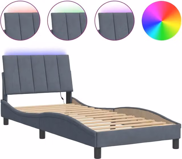 Letto singolo Hanko in velluto grigio scuro con illuminazione LED e porta di ricarica USB, L/P/H: 90 x 190 cm – 1