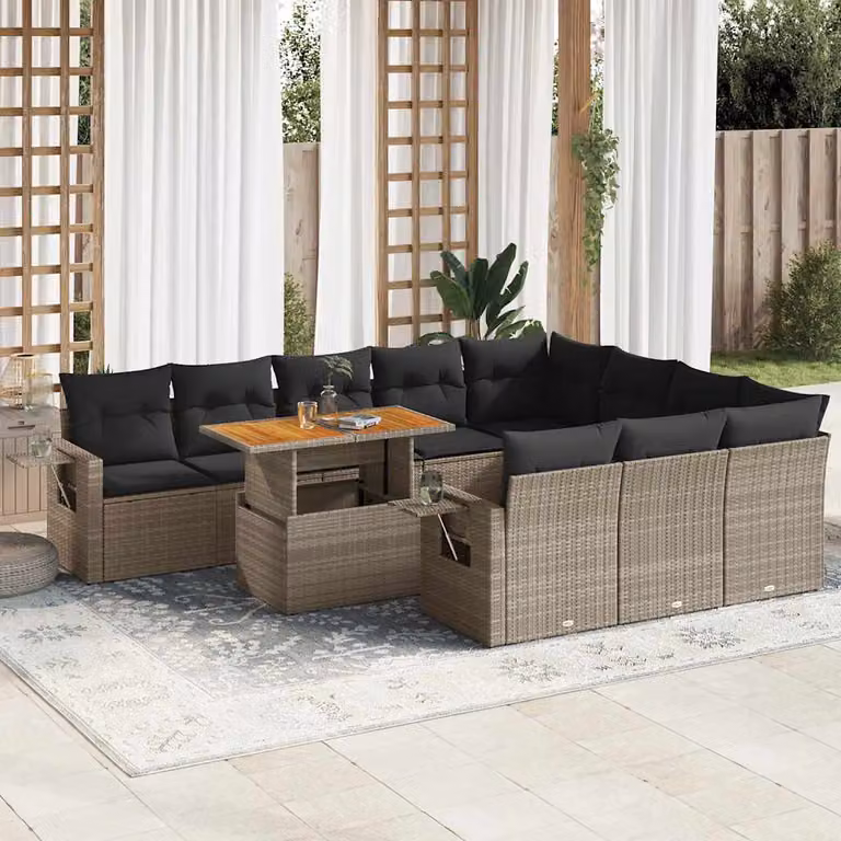 vidaXL Set Divani da Giardino 11 pz a Forma di L in Polyrattan Grigio con Cuscini e Tavolino da Esterno