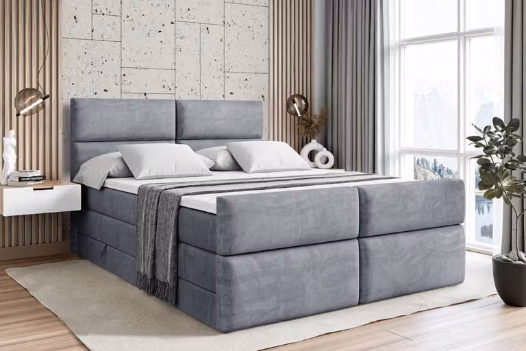 Letto boxspring ALTDECOR con pediera, 2 materassi e topper - 180x200 cm - BOXI3-Z KING - Grigio velluto - Letto imbottito con materassi H3 e H4, contenitore e rete a doghe, letto con contenitore