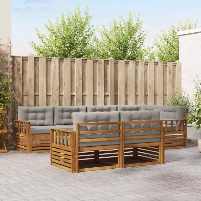 Set di divani da esterno a L vidaXL in legno di acacia con cuscini grigi, 7 pezzi – 1