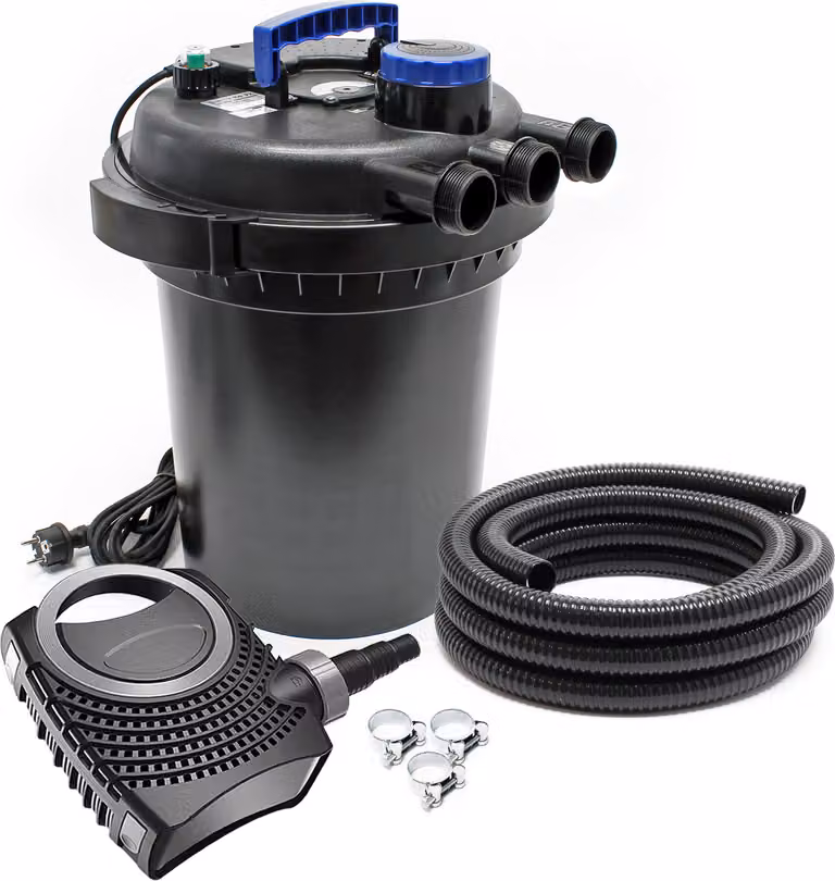 Set completo SunSun: filtro a pressione per laghetti CPF-250 fino a 10000 L con chiarificatore per laghetti da 11W, pompa per laghetti NEO3800 SuperEco 3600l/h 20W, tubo per laghetti da 5m 38 mm (1 1/2"), fascette stringitubo W1 44-47mm