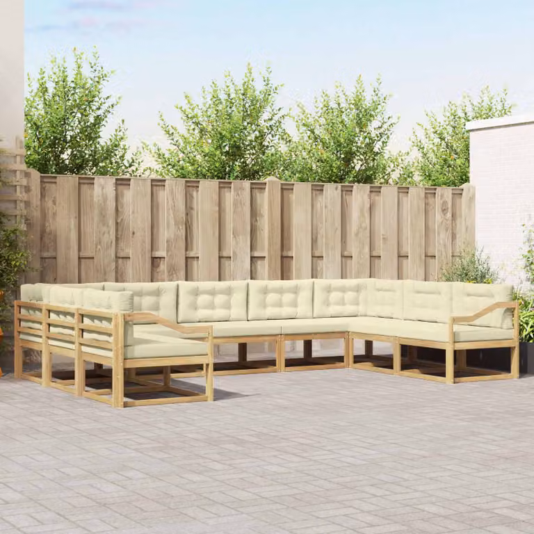 Set di divani da esterno a forma di U vidaXL in legno di acacia con cuscini beige e bianchi, 9 pezzi