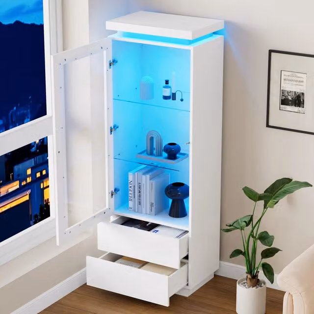 Vetrina alta LED con anta trasparente, 2 cassetti e 3 vani, finitura lucida per soggiorno, bianca, 60 × 40 × 171 cm