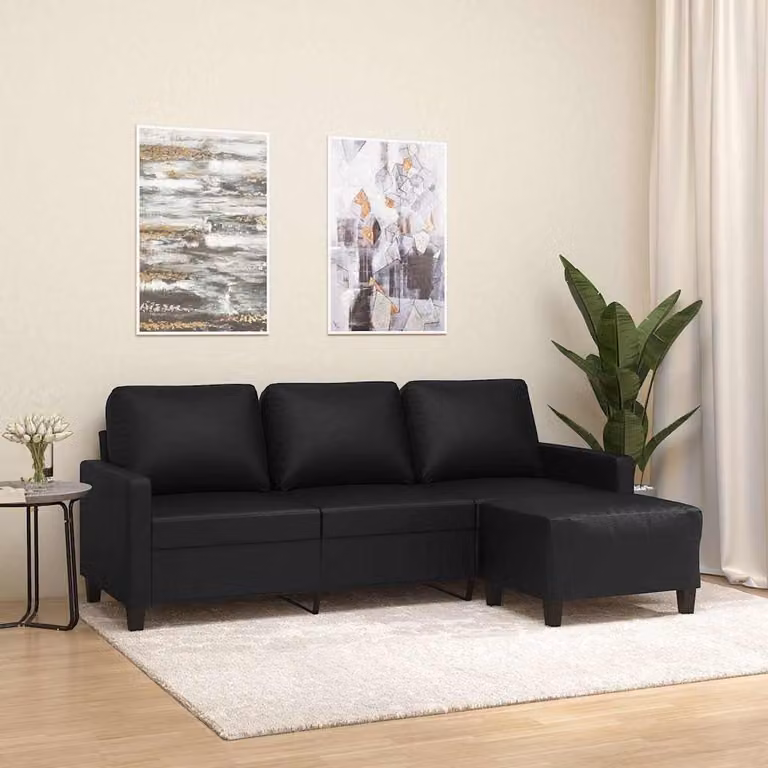 vidaXL Divano a 3 Posti Moderno in Similpelle con Poggiapiedi Coordinato Nero L: 198 cm, P: 80 cm, H: 77 cm
