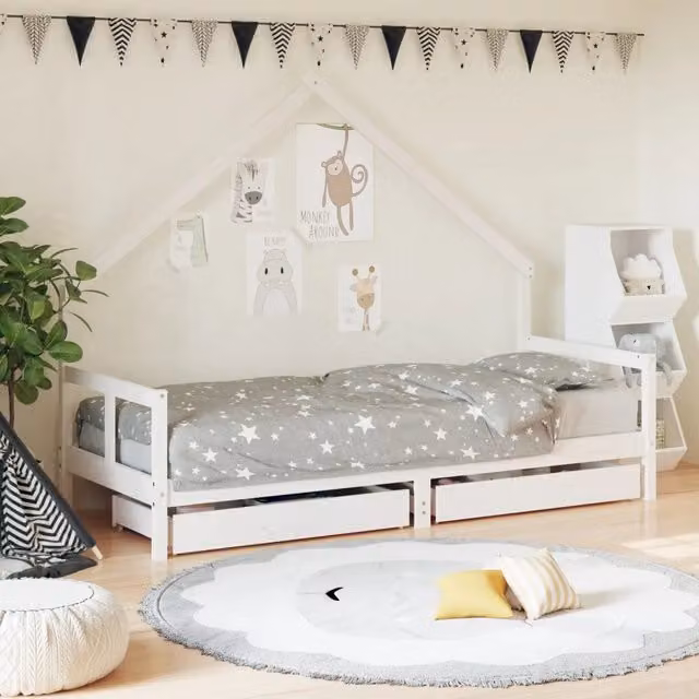 Letto a casetta per bambini vidaXL in legno massello di pino bianco con cassetti L 80 cm, P 200 cm, H 150 cm