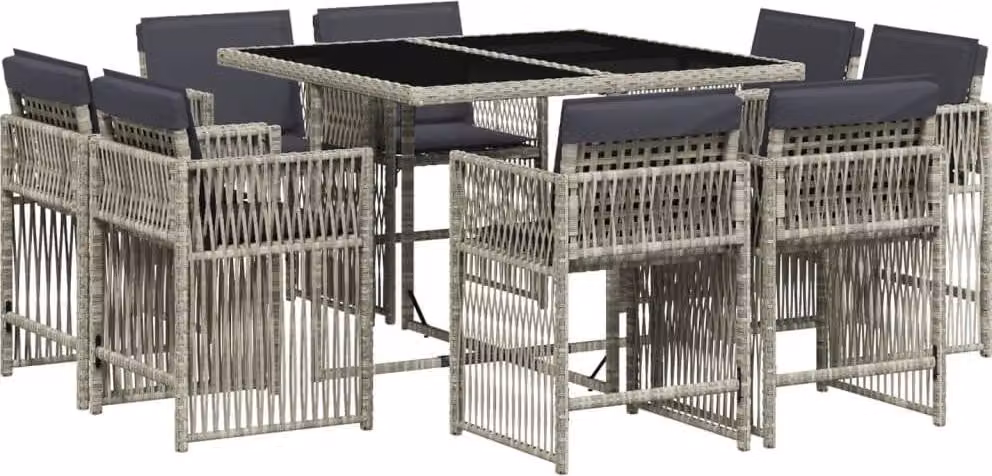 Set Pranzo da Giardino 9pz con Cuscini Grigio Chiaro Polyrattan