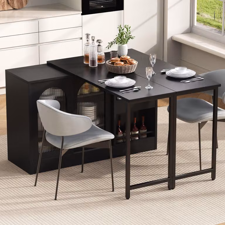 Tavolo da pranzo allungabile Flieks, tavolo da bar girevole a 360° con vano portaoggetti, tavolo da cucina bar con credenza, credenza reversibile, nero