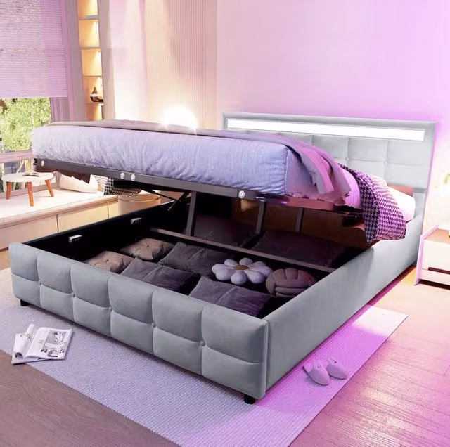 Letto Imbottito REDOM in Velluto con Illuminazione LED e Sistema a Sollevamento Idraulico, L/P: 180 x 200 cm, Grigio o Beige – 1