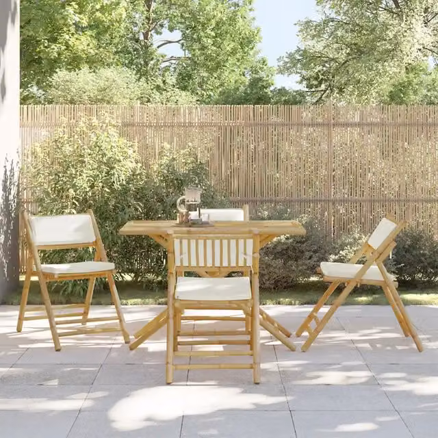 Set da Bistrot Pieghevole 5 Pezzi in Bambu con Cuscini Bianco e Beige per Giardino e Balcone