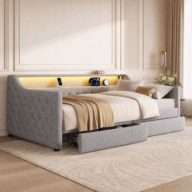 Divano letto 90x200 cm con struttura in lino e MDF, lettino giorno con rete a doghe, luce ambientale e 2 cassetti, grigio