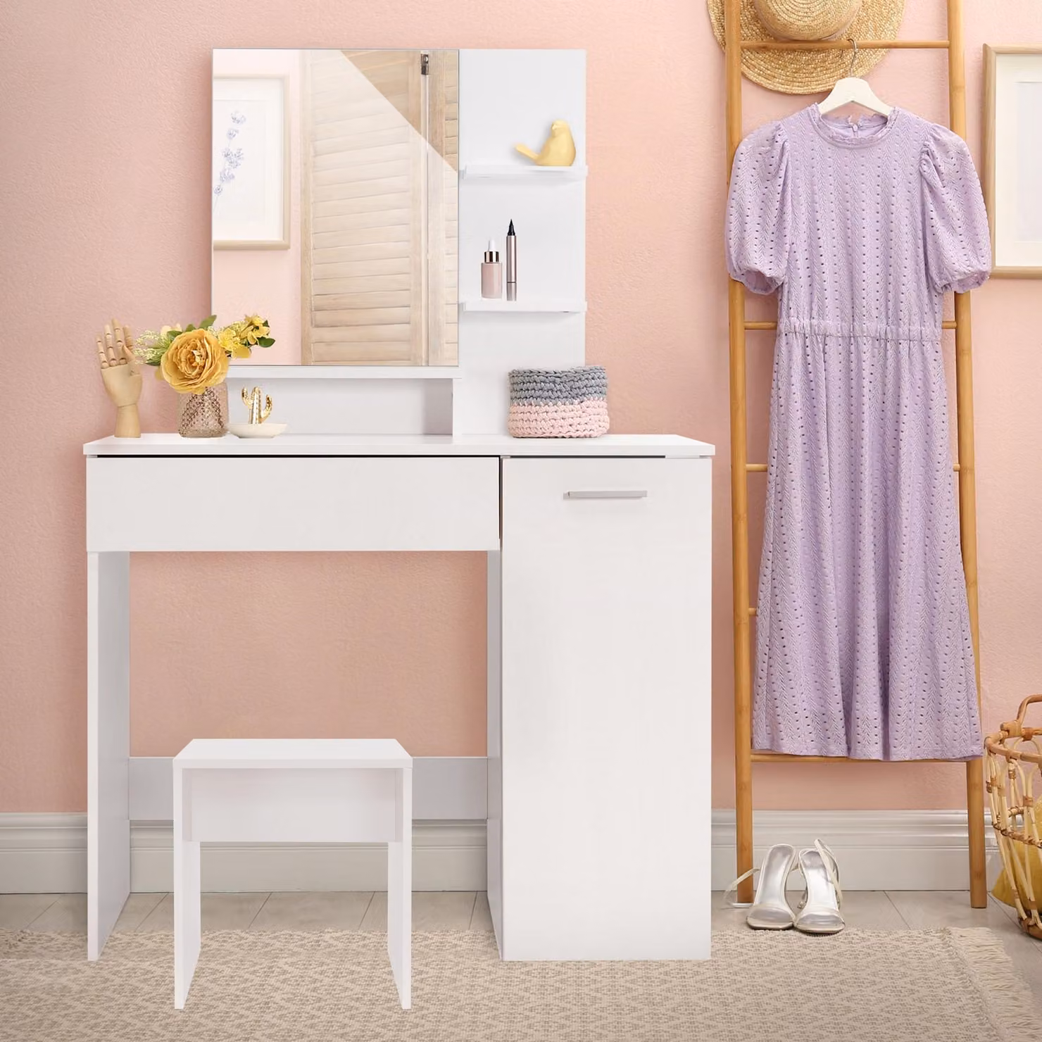 ML-Design tavolino da toilette bianco con sgabello, tavolino da toilette con specchio e cassetto, 90x38x138 cm, bianco, moderno, tavolino per cosmetici con mobile di base