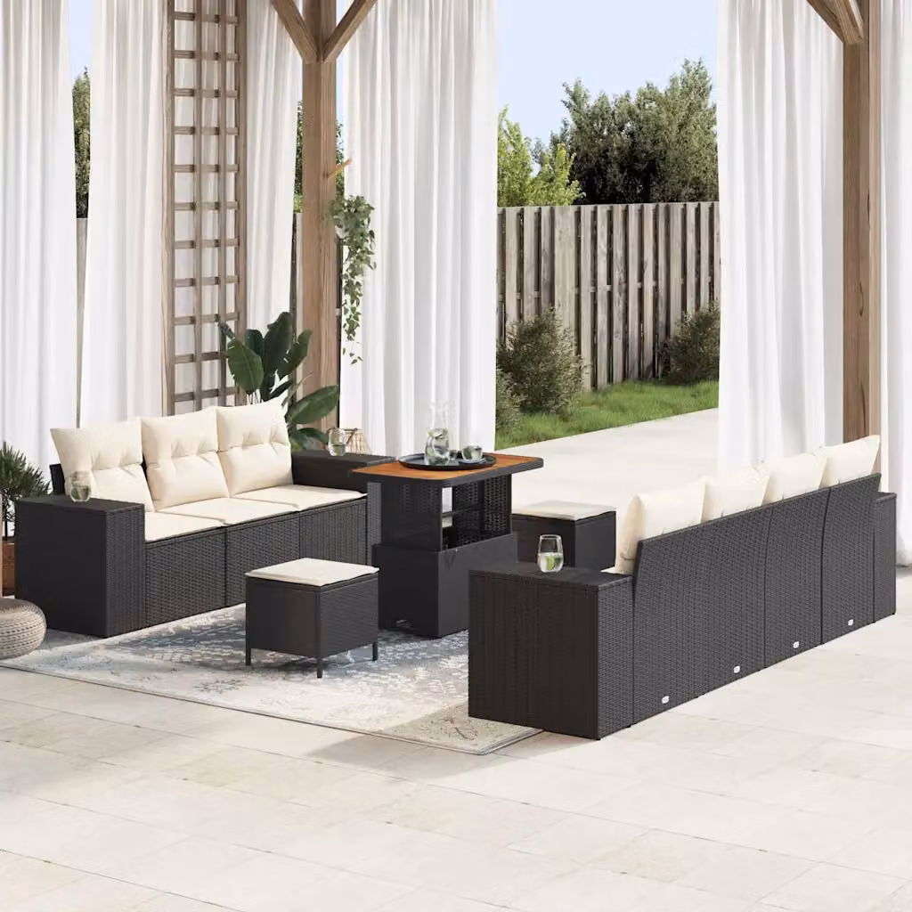 Set Divano da Giardino vidaXL 10 Pezzi a Forma di U con Tavolino e Pouf, Colore Nero e Beige, Struttura in Metallo e Polyrattan con Cuscini Inclusi – 1