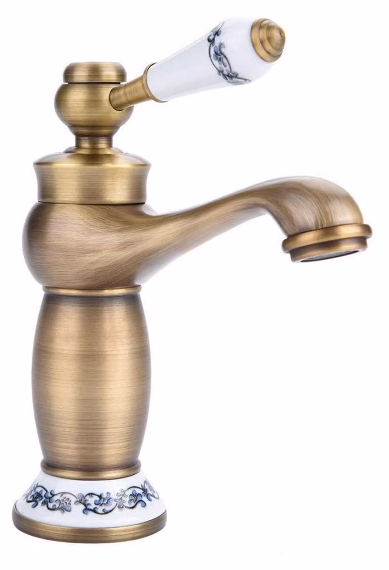 Miscelatore per lavabo in Vetroceramica, finitura ottone anticato, collo lungo, dimensioni 19 x 16,5 x 6,4 cm