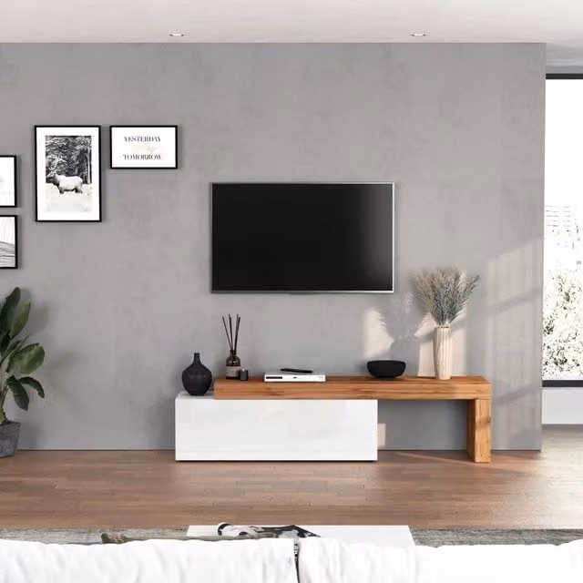 WHOUS Mobile porta tv Chronos estensibile con 1 anta a ribalta bianco/rovere 180/290x40x51 cm