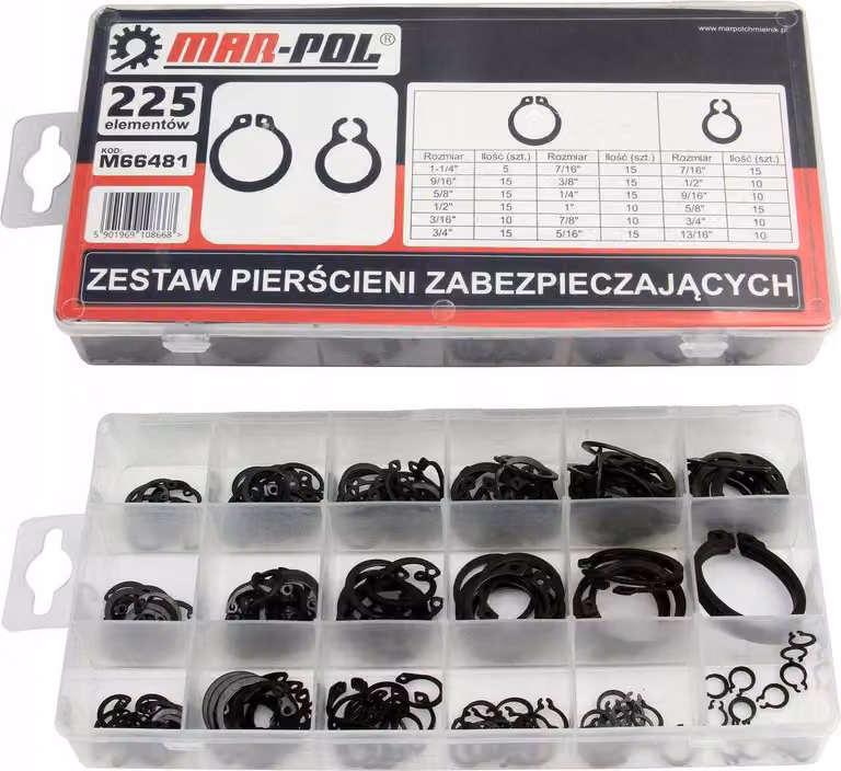 MAR-POL Set di anelli di sicurezza Seger, 225 pezzi M66481