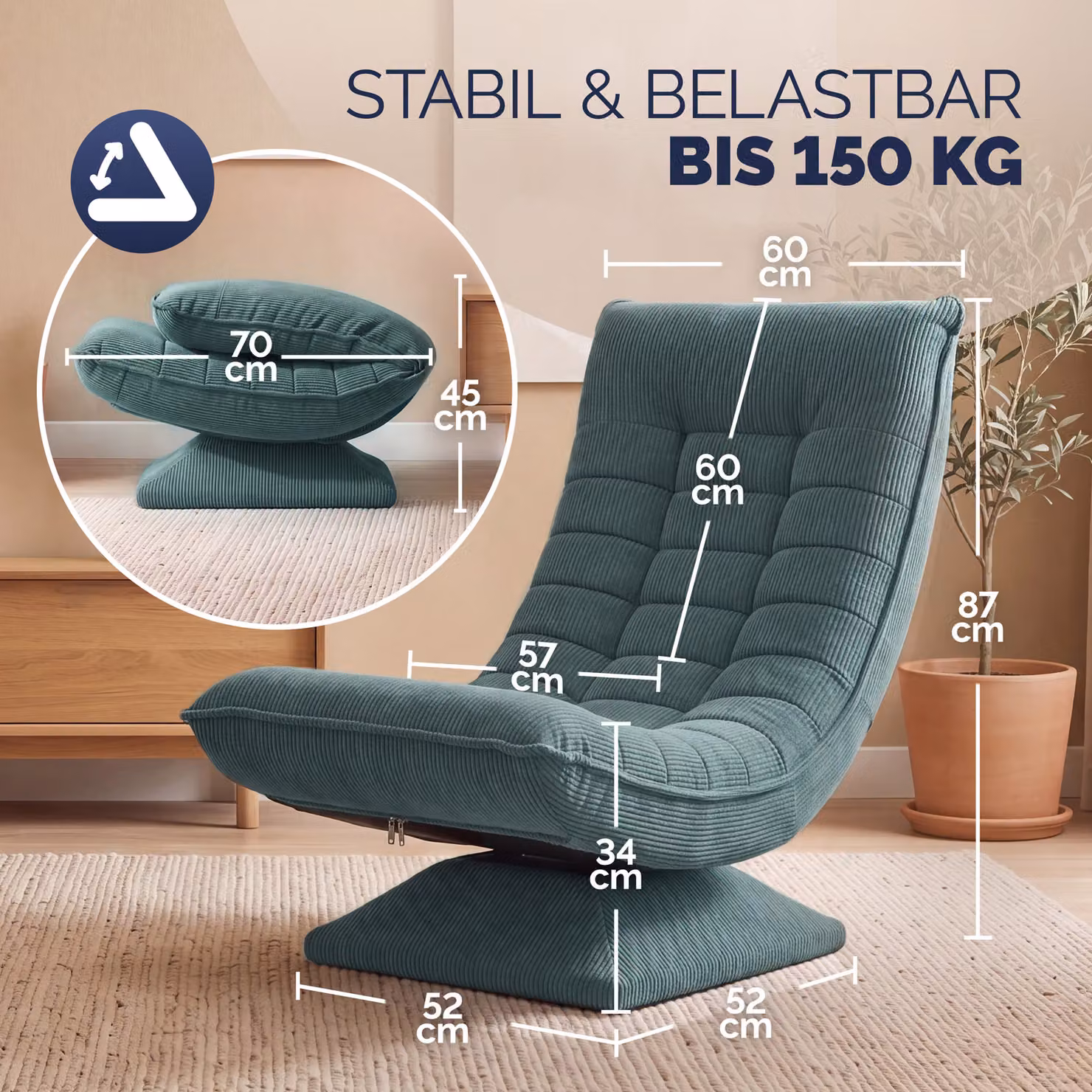 Poltrona relax Aberdeen Casaria grigio in velluto, girevole a 360° con braccioli e struttura in metallo – 3