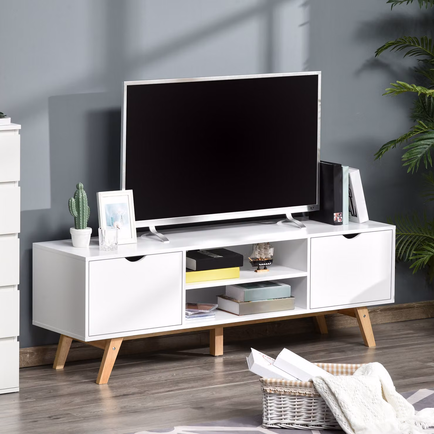 Mobile Porta TV HOMCOM in Legno e MDF Bianco con 2 Armadietti, 2 Ripiani Aperti e Fori Passacavi, L/P/H: 150 x 39 x 50 cm – 2