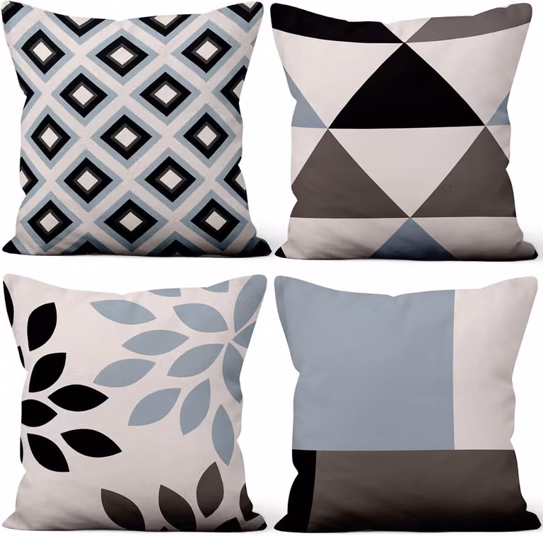 Coperte decorative quadrate, 16 x 16 pollici, blu, bianco, nero, motivo geometrico moderno, tessuto morbido e corto, ideali per letto, soggiorno, casa di campagna o divano