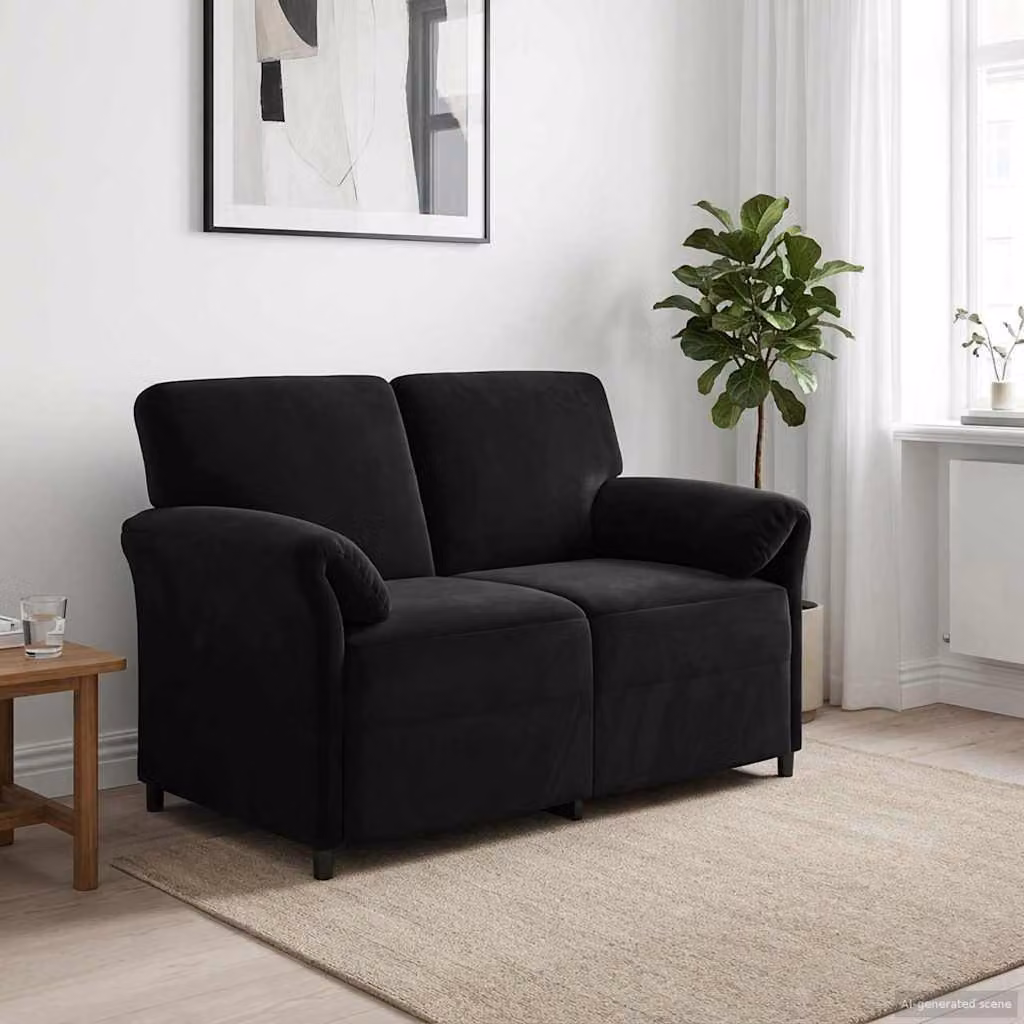 Divano a 2 posti vidaXL in velluto nero con struttura in metallo e cuscini inclusi L/P/H: 138 x 83 x 95 cm