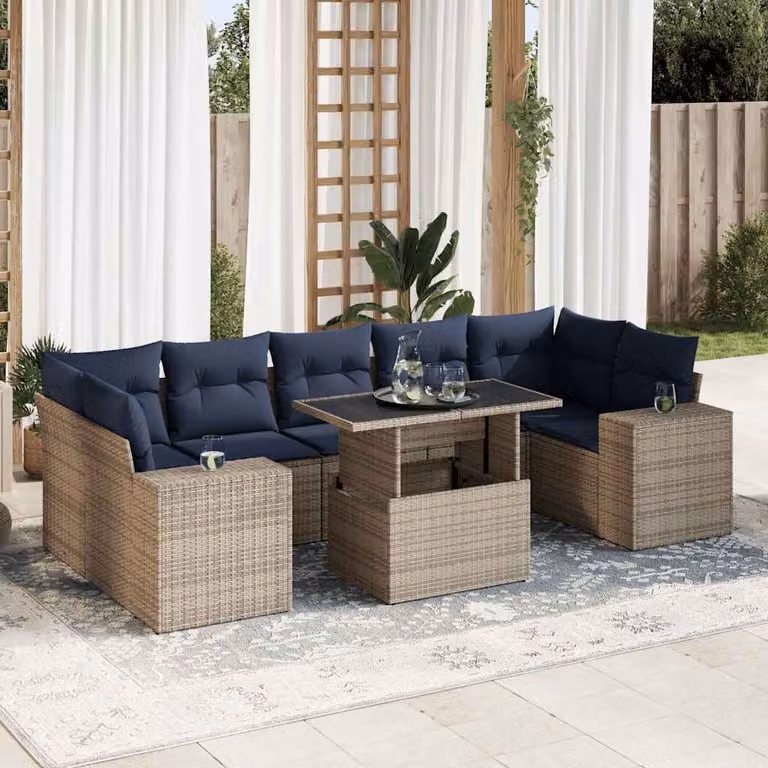 Set Divano da Giardino vidaXL 8 Pezzi a Forma di L con Cuscini e Tavolino, Polyrattan e Legno di Acacia, Grigio e Blu